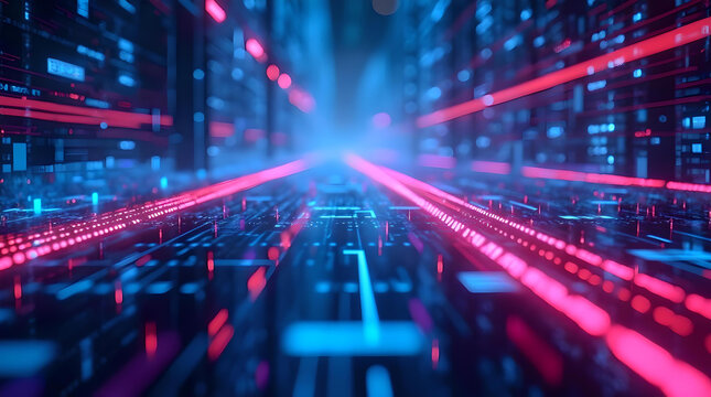 data tracking data transfer blue pink neon glowing lights, high bandwidth transaction scanning. 