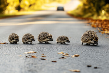 A family of hedgehogs crossing the road