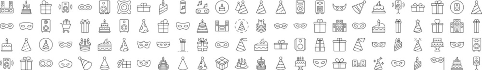 Set of Party Related Line Icons. Editable Stroke for Design, Web Sites, Apps, Cards. Contains Linear Images of Musical Center, Cake, Masquerade Mask, Gift, Present