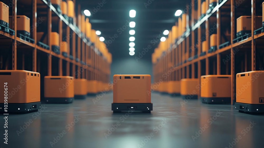 Poster a futuristic warehouse featuring orange autonomous robots navigating through neatly arranged shelves