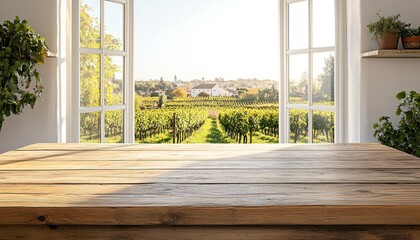 A sunlit view of a vineyard from a cozy room with wooden table at midday