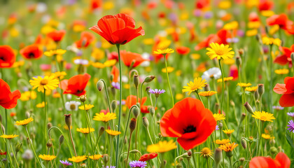 Obraz premium Colorful wildflower meadow with red poppies and yellow flowers in full bloom. Vibrant wildflowers are blooming in summer field with green grass. Beautiful natural background isolated with white high