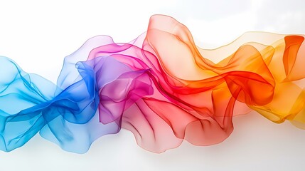 Fototapeta premium The image contains a translucent, flowing fabric in shades of blue, purple, red, orange, and yellow against a white background.