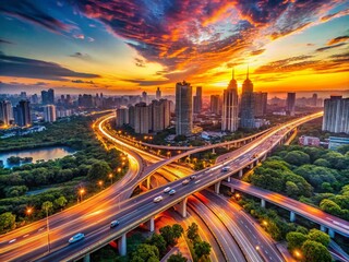 Fototapeta premium Aerial Perspective of Urban Asphalt Highway at Sunset with Dynamic Traffic Flow and Cityscape Surroundings