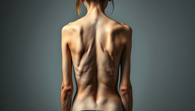 A girl with a bare back, severe thinness and protruding ribs. The concept of anorexia and bulimia, a disease of thin people. The struggle of the evil spirit in a girl, suffering and poverty isolated