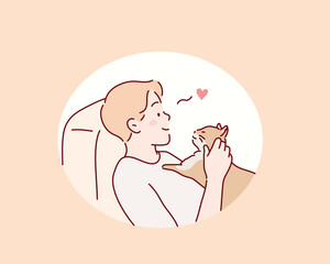 man holding cute cat. Hand drawn style vector design illustrations.