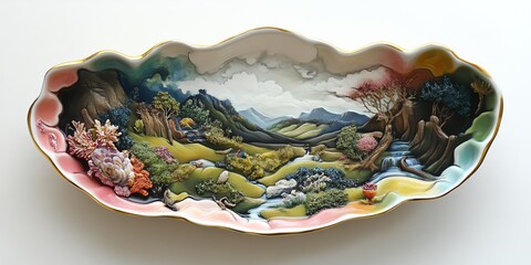 Hand-painted porcelain dish with a picturesque landscape scene.