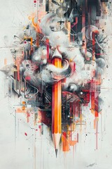 A floating pencil through a surreal cloud of geometric shapes and fragmented lines. 
