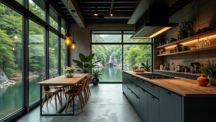 Naklejka premium An Advanced Industrial Kitchen with Modern Appliances and Stylish Lights Near a Serene River