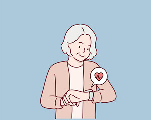 Senior lifestyle character. An elderly woman is checking his health by looking at his smart watch. Hand drawn style vector design illustrations.