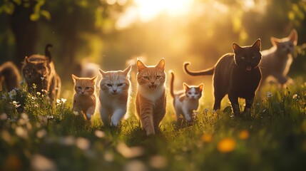 Cats walking together in a sunlit grassy field, nature background
