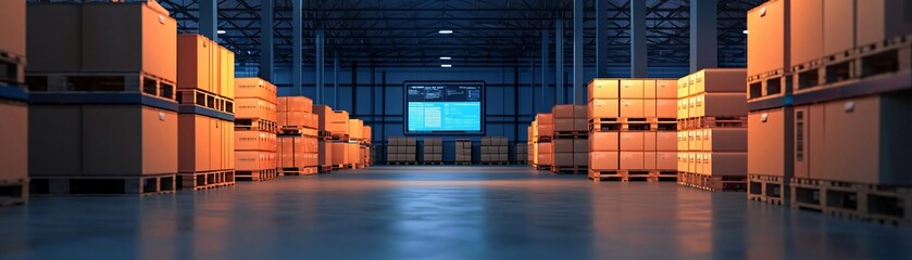 A spacious warehouse interior with organized boxes and modern lighting, showcasing a clean and efficient storage environment.