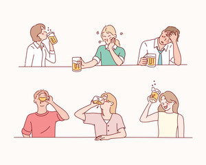 People are having a beer. Drunk People Characters with beer. Hand drawn style vector design illustrations.