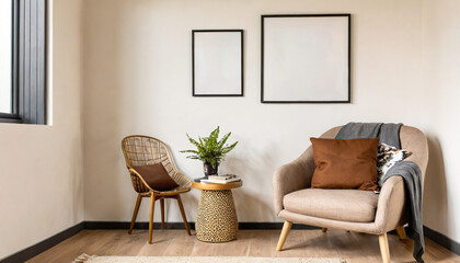 A stylish reading nook featuring a cozy armchair with a brown pillows, a framed mockup for artwork on the wall. Modern design