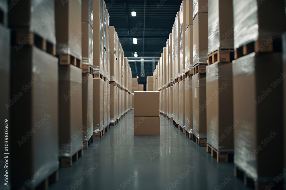 Poster a view of a warehouse aisle filled with stacked cardboard boxes, showcasing organized storage and ef