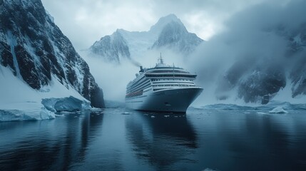 A cruise ship navigating through icy mountains and fog.
