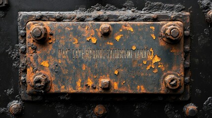 A close-up of a rusty metal plate with bolts and an inscription.