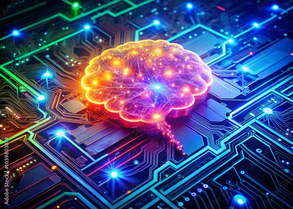 Poster aerial view of a neon circuit board with a glowing digital brain and chat bubbles representing ai co