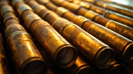 A close-up of a stack of vintage brass telescopes, showcasing their intricate details and worn surfaces.