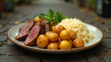Artfully Plated Meal of Potatoes, Meat, and Rice on a Charming Rustic Sidewalk Setting