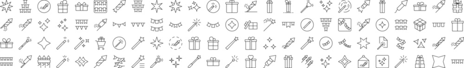 Collection of Outline Symbols of Holidays, Garlands, Magic Wand, Firework Drawn with Thin Line for apps, web sites, banners, infographics and other types of design