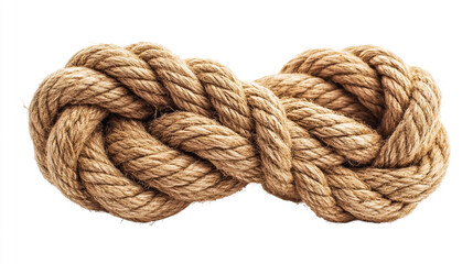 A knotted jute rope on a white background highlights its intricate weaving patterns