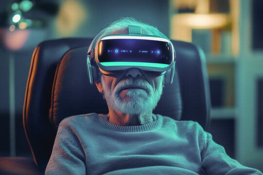 Elderly man using futuristic virtual reality headset - Powered by Adobe