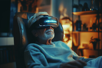 Elderly man using futuristic virtual reality headset