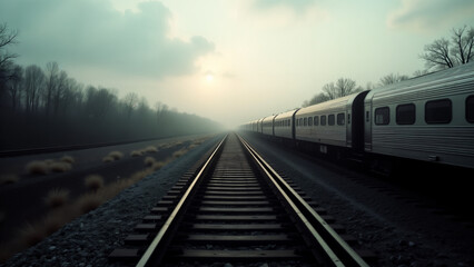 Fototapeta premium An Expansive View of a Long Train Gradually Ascending a Ramp, Capturing the Excitement of Travel Anticipation
