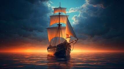 Fototapeta premium A majestic sailing ship glides through the calm waters of the ocean at sunset, with clouds illuminated in hues of orange and blue.