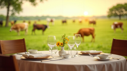 An exquisitely set table with a stunning view of grazing cows in the background, enhancing a serene dining atmosphere.