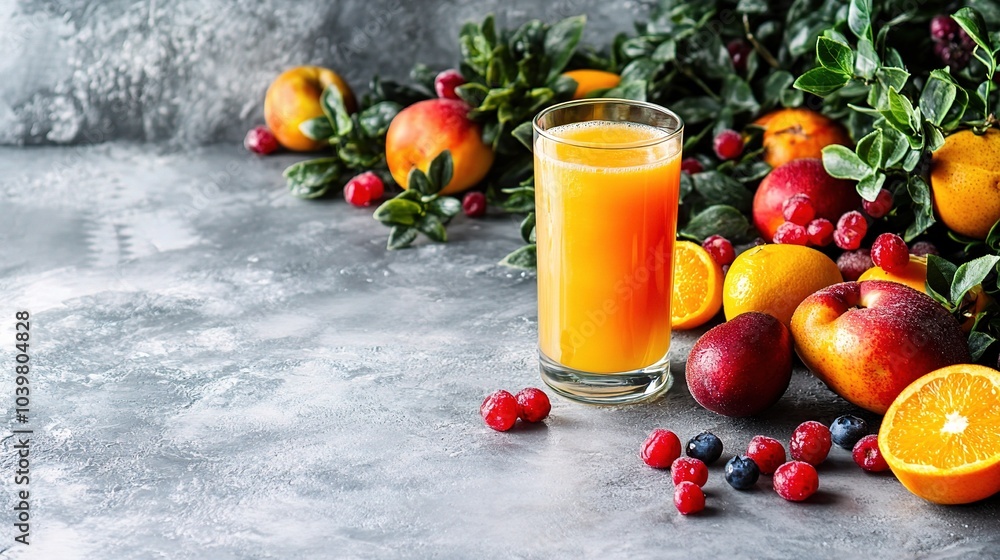 Poster Fresh Fruit Juice with Colorful Ingredients on Table