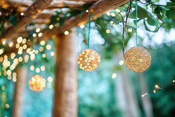 Illuminated orbs hanging in evening outdoor setting