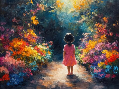 curious child exploring a vibrant garden, surrounded by colorful flowers and greenery, embodying the spirit of discovery and the joy of learning about nature