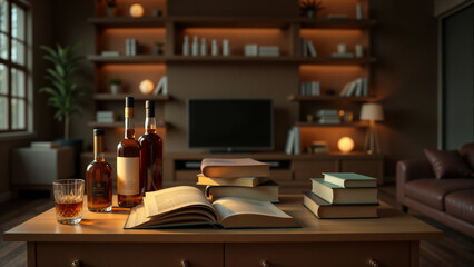 A Cozy Home Retreat: A Serene Living Room Filled with Computer Books and Liquor Bottles for Relaxation