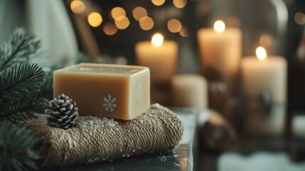 Skin care natural crafted handmade soap winter Christmas atmosphere background