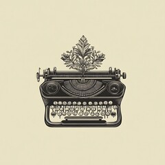 Vintage typewriter with a leafy sprout growing from the center.