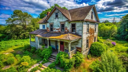 Aerial View of an Abandoned House Surrounded by Overgrown Weeds - Concept of Neglect and Ignorance