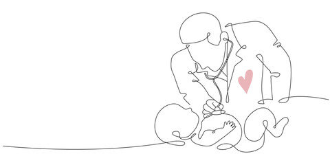 Continuous line drawing of doctor pediatrician and newborn baby silhouette isolated on white background