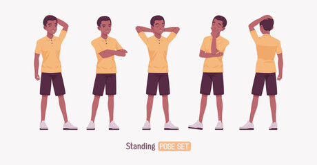 Handsome dark skin young man wearing classic polo shirt set, standing pose. Confident relaxed guy in traditional modern appearance and casual look for sports, business occasion. Vector illustration