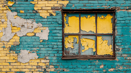 Naklejka premium Weathered blue and yellow brick wall with a faded window in an urban setting