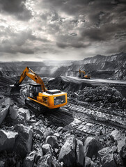 Excavator, heavy equipment working in a quarry