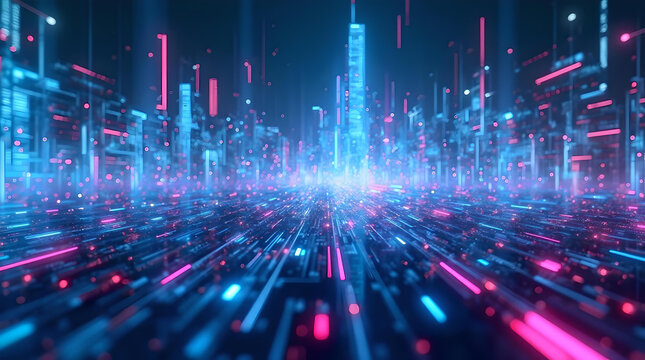 abstract background with lights data tracking data transfer blue pink neon glowing lights, high bandwidth transaction scanning. 
