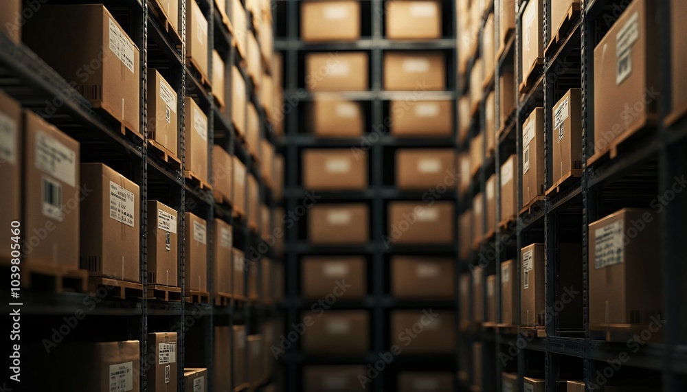 Poster an organized warehouse lined with stacked cardboard boxes. a glimpse into efficient storage solution