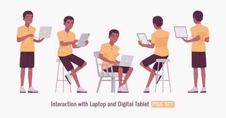 Handsome dark skin man wearing classic polo shirt set, tablet, laptop using pose. Confident relaxed guy in traditional modern appearance, casual look for sports, business occasion. Vector illustration