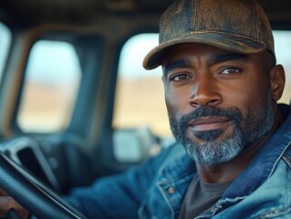 dedicated black male truck driver behind the wheel of a cargo truck, exuding determination and professionalism as he navigates the open road. captures the essence of the transport industry