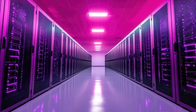 Inside a brightly lit data center with purple lighting and server racks
