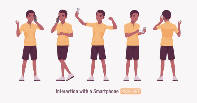 Handsome dark skin man wearing classic polo shirt set, smartphone using pose. Confident relaxed guy in traditional modern appearance and casual look for sports, business occasion. Vector illustration