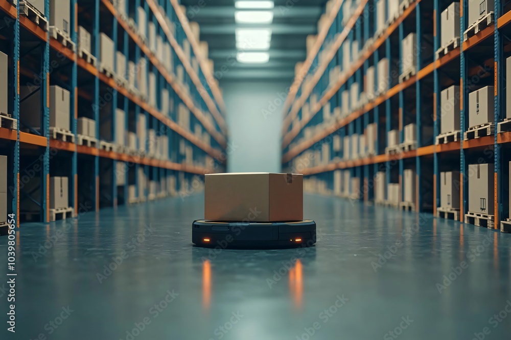 Poster automated warehouse with robot moving boxes on the floor and organized shelves in the background, sh