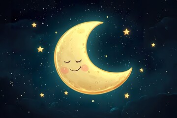 Naklejka premium Smiling Moon with Sleepy Face Surrounded by Stars - Perfect for children's illustrations, night sky designs, and celestial themed projects.